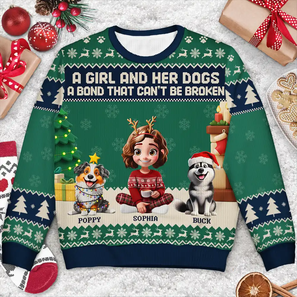 A Girl And Her Dogs A Bond That Can't Be Broken - Personalized Unisex Ugly Sweater - Image 3