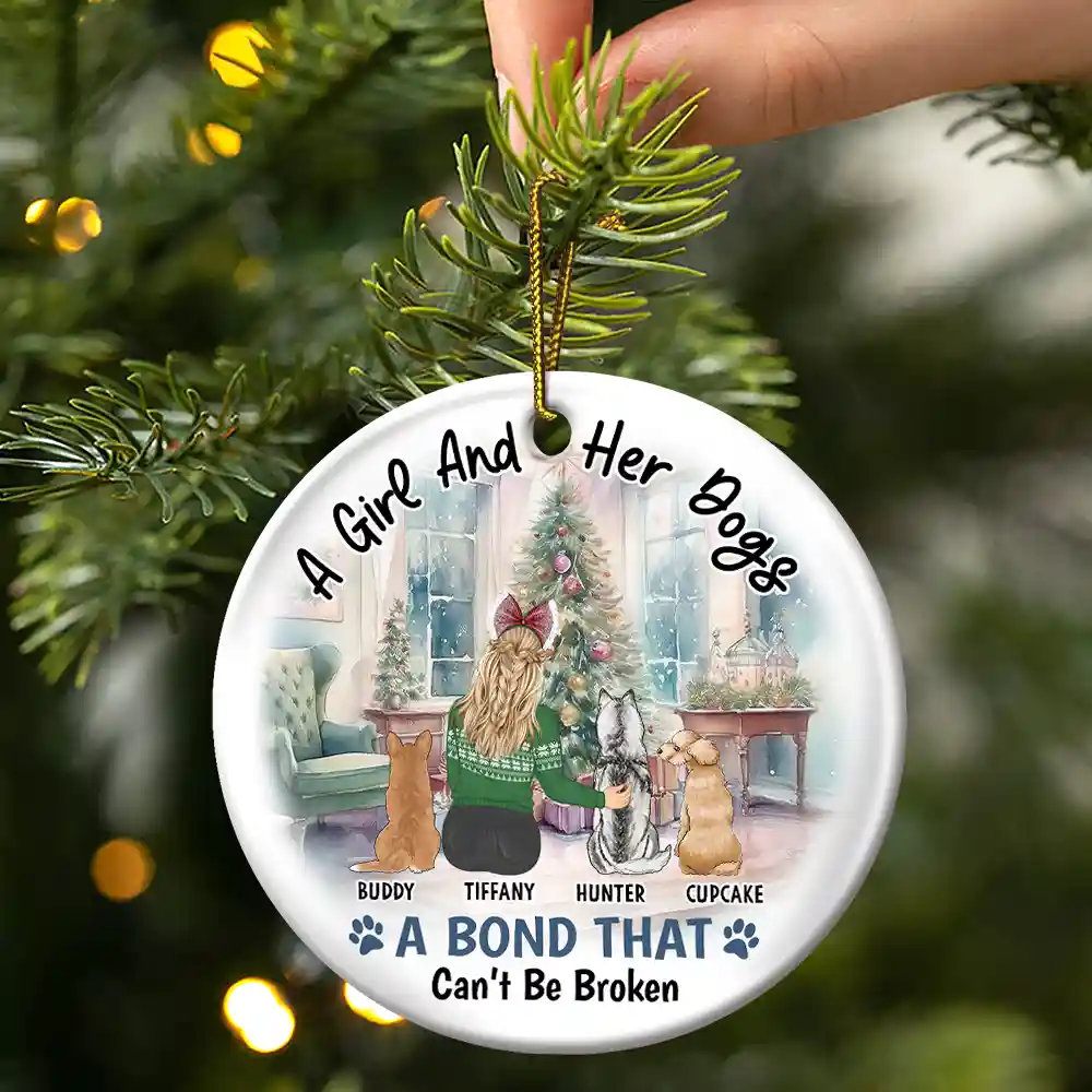A Girl & Her Dog A Bond That Can't Be Broken - Personalized Circle Ceramic Ornament - Image 3