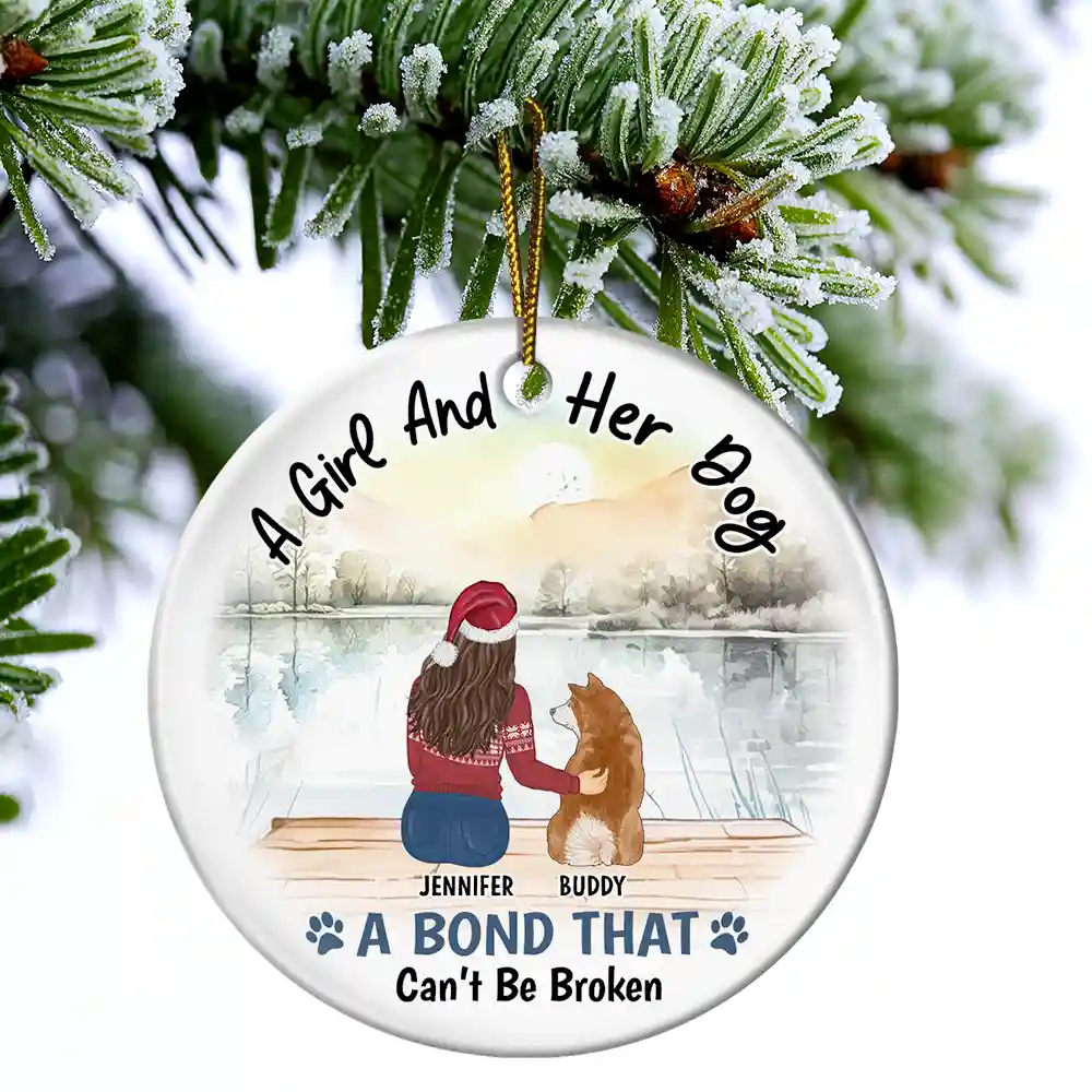 A Girl & Her Dog A Bond That Can't Be Broken - Personalized Circle Ceramic Ornament - Image 4