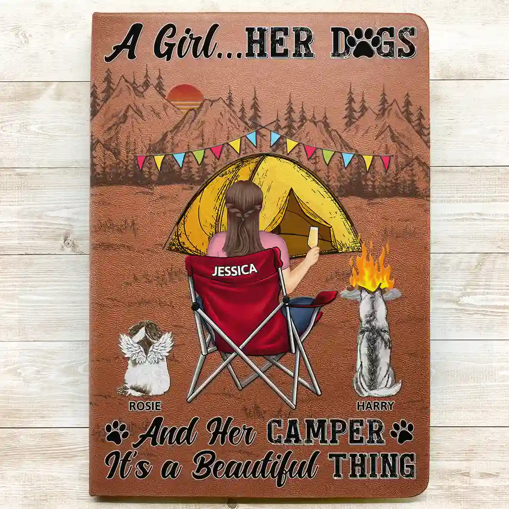 A Girl Her Dogs Camping - Personalized Leather Journal - Image 3