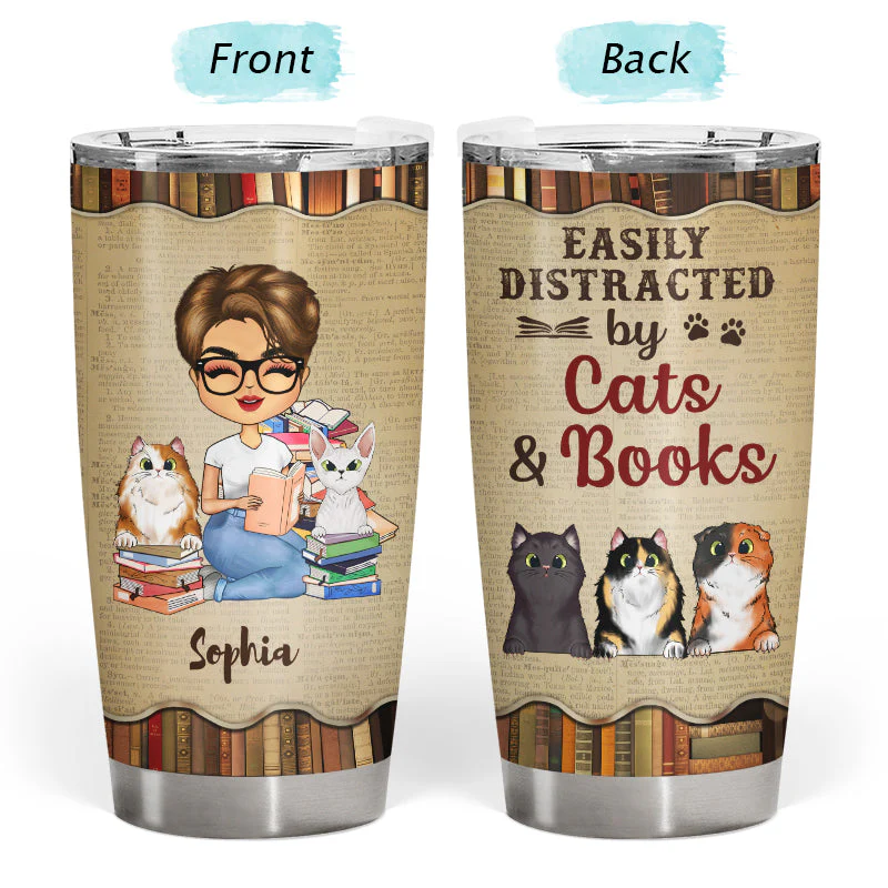 A Girl Who Loves Books & Cats - Reading Gift - Personalized Custom Tumbler - Image 3
