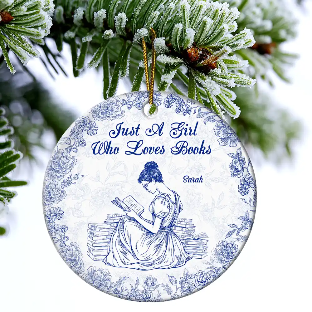 A Girl Who Loves Books Chinoiserie Toile De Jouy - Personalized Circle Ceramic Ornament - Image 4