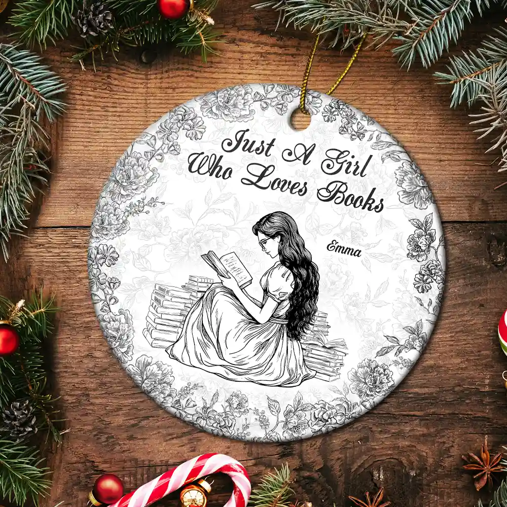 A Girl Who Loves Books Chinoiserie Toile De Jouy - Personalized Circle Ceramic Ornament - Image 5