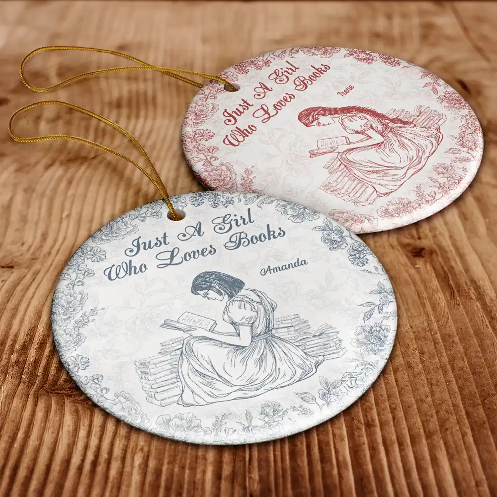 A Girl Who Loves Books Chinoiserie Toile De Jouy - Personalized Circle Ceramic Ornament - Image 6