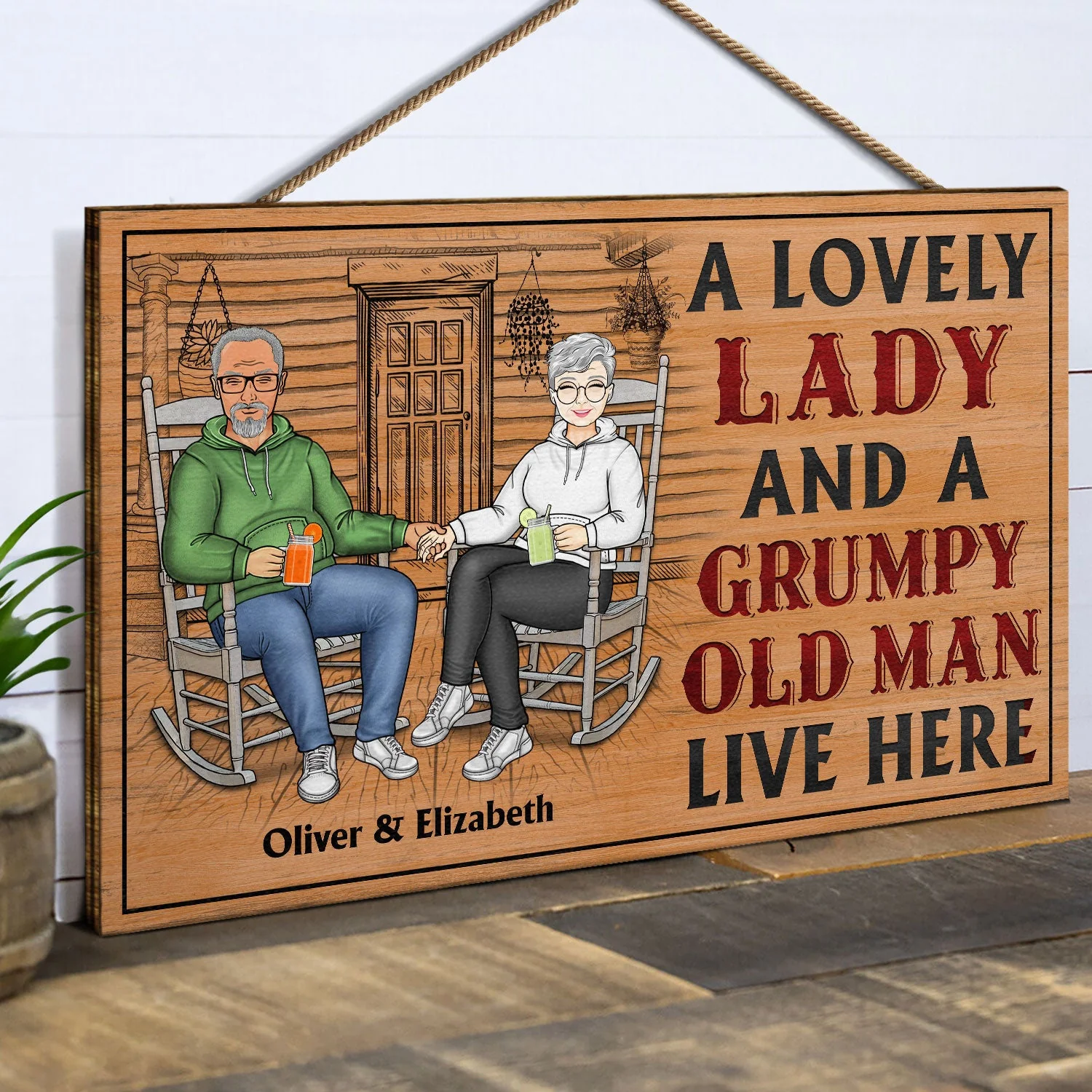 A Lovely Lady And A Grumpy Old Man Live Here - Anniversary, Birthday, Home Decor Gift For Spouse, Lover, Husband, Wife, Boyfriend, Girlfriend, Couple - Personalized Custom Wood Rectangle Sign - Image 2