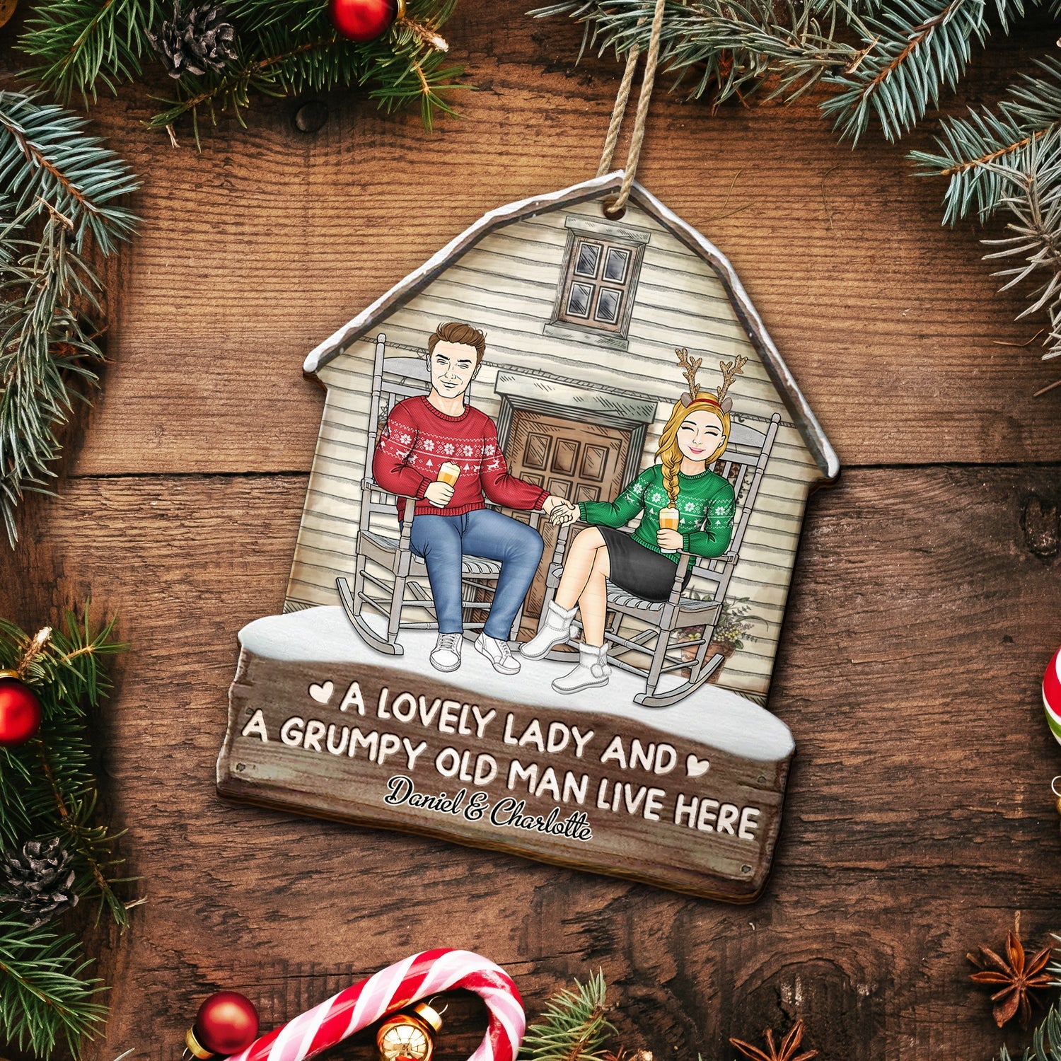 A Lovely Lady And A Grumpy Old Man Live Here - Christmas Gift For Couples - Personalized Custom Shaped Wooden Ornament - Image 5