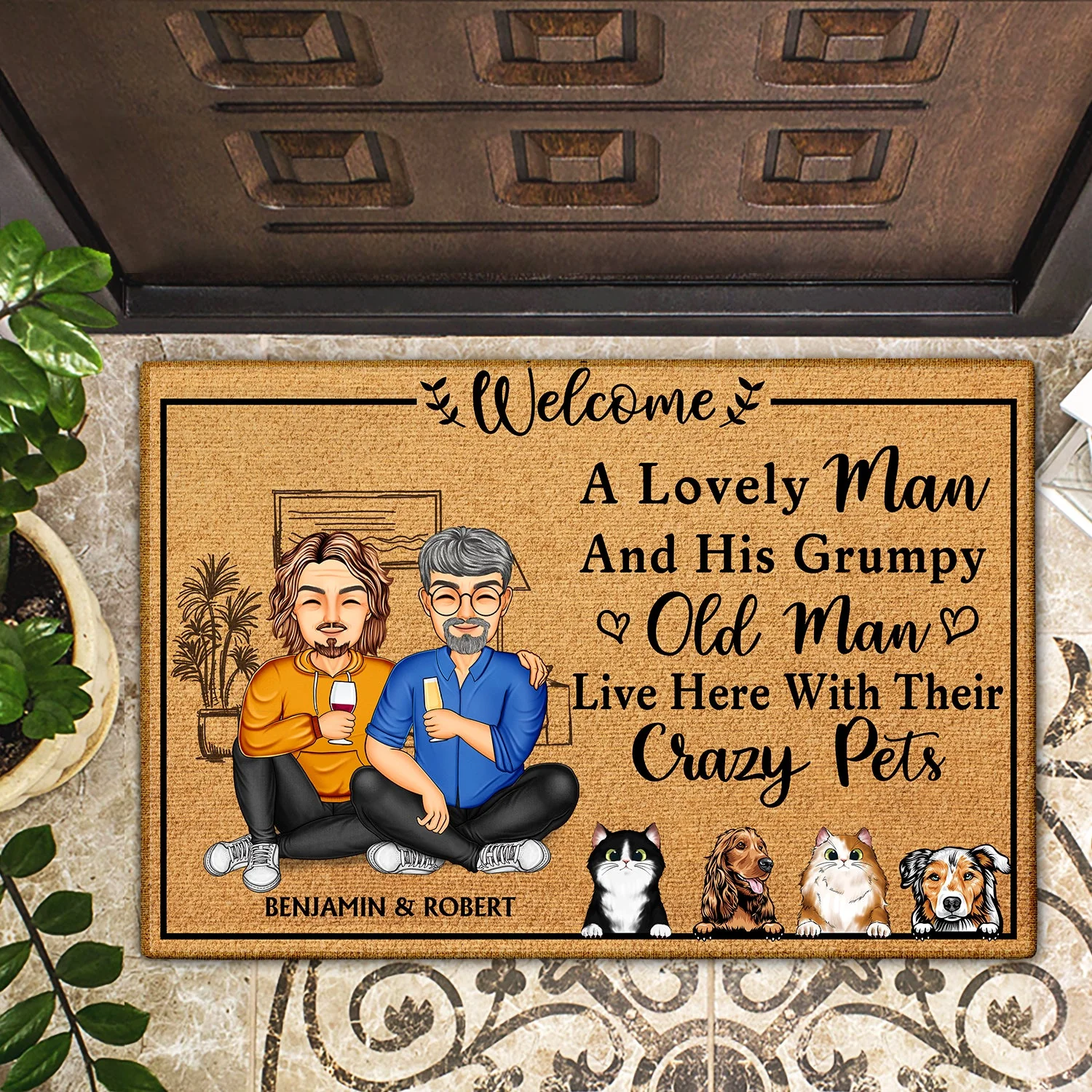 A Lovely Lady And Her Grumpy Old Man Live Here With Their Crazy Dogs Cats - Gift For Family, Couple, Pet Lovers - Personalized Custom Doormat - Image 2