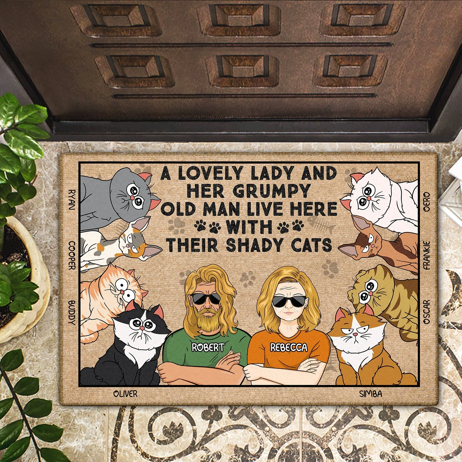 A Lovely Lady And Her Grumpy Old Man Live Here With Their Shady Cats - Gift For Cat Lovers, Couples - Personalized Doormat - Image 2