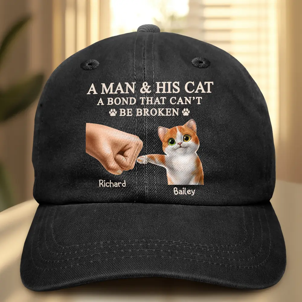 A Man And His Cat - Personalized Vintage Washed Denim Cap