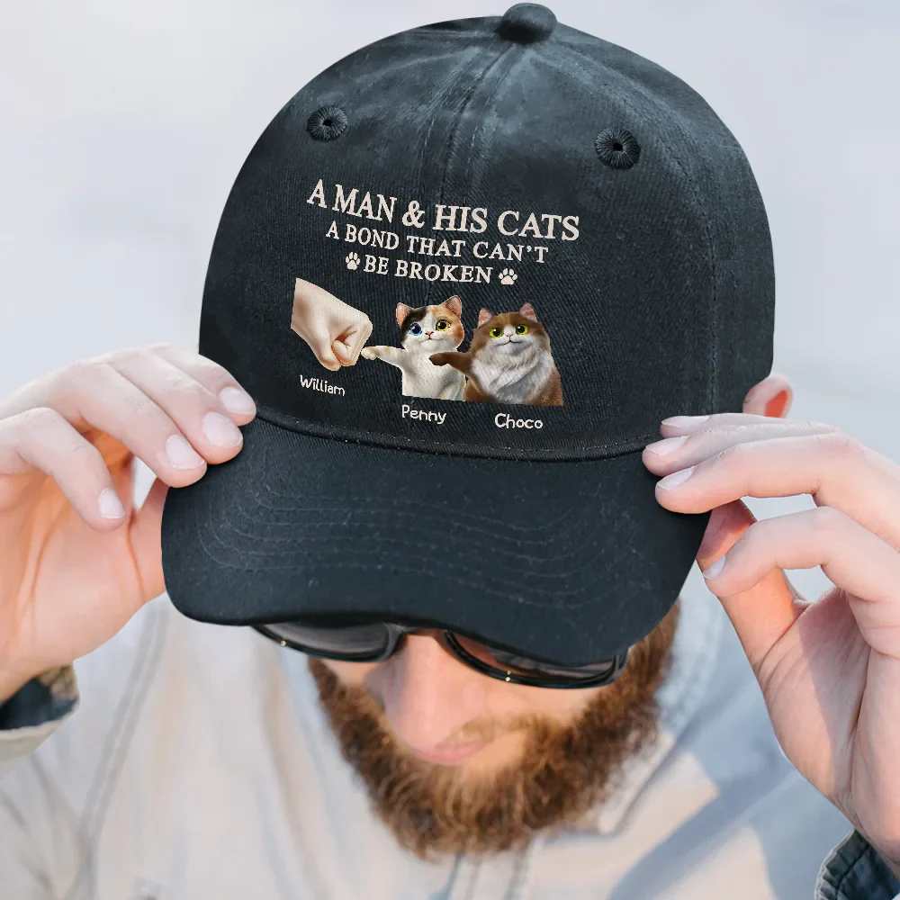 A Man And His Cat - Personalized Vintage Washed Denim Cap - Image 2