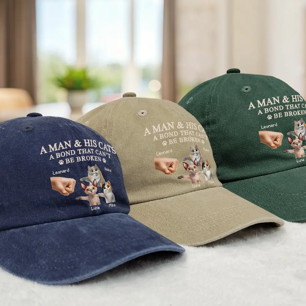 A Man And His Cat - Personalized Vintage Washed Denim Cap - Image 3