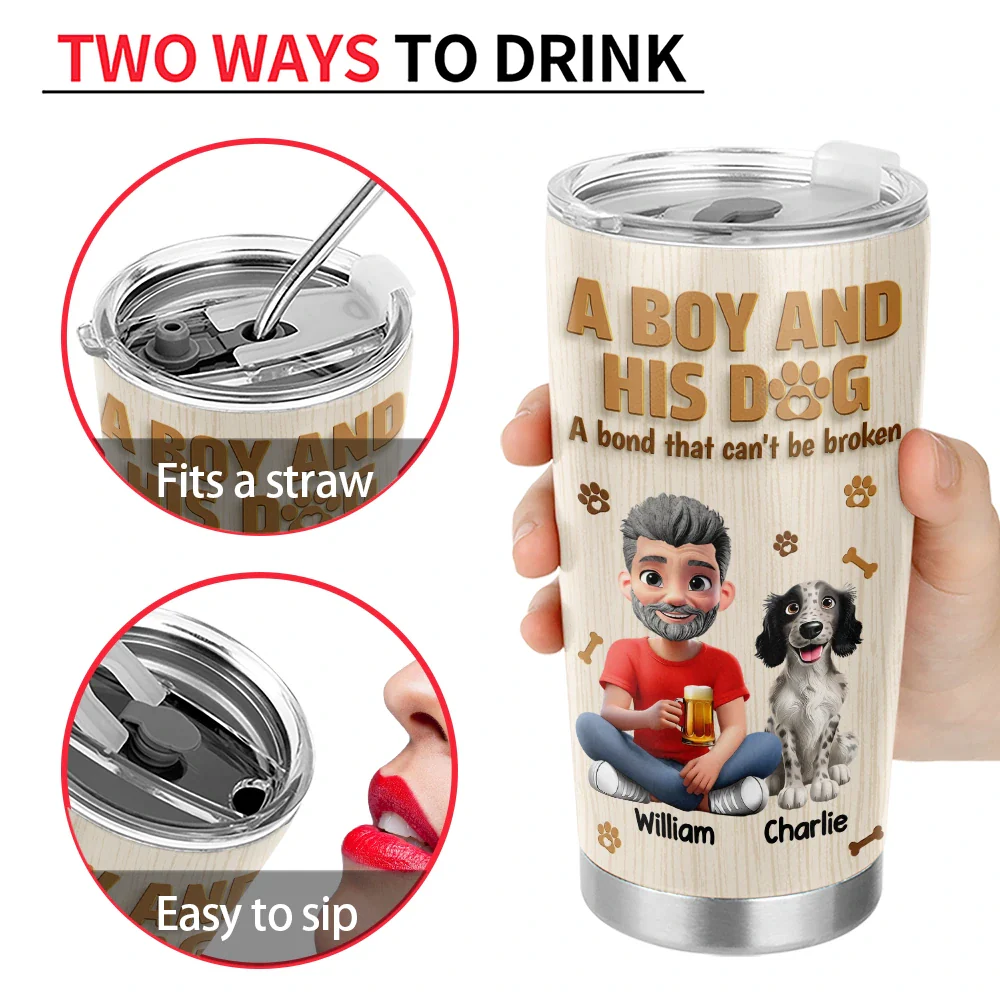 A Man And His Dog Wooden 3D Effect - Personalized Tumbler - Image 4