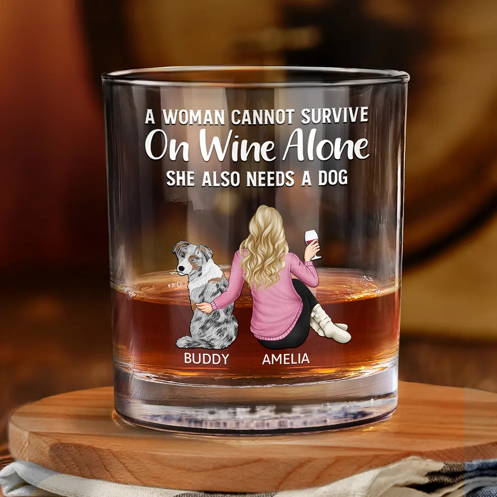 A Man Cannot Survive On Wine Alone Dog Dad Dog Mom - Personalized Whiskey Glass - Image 2