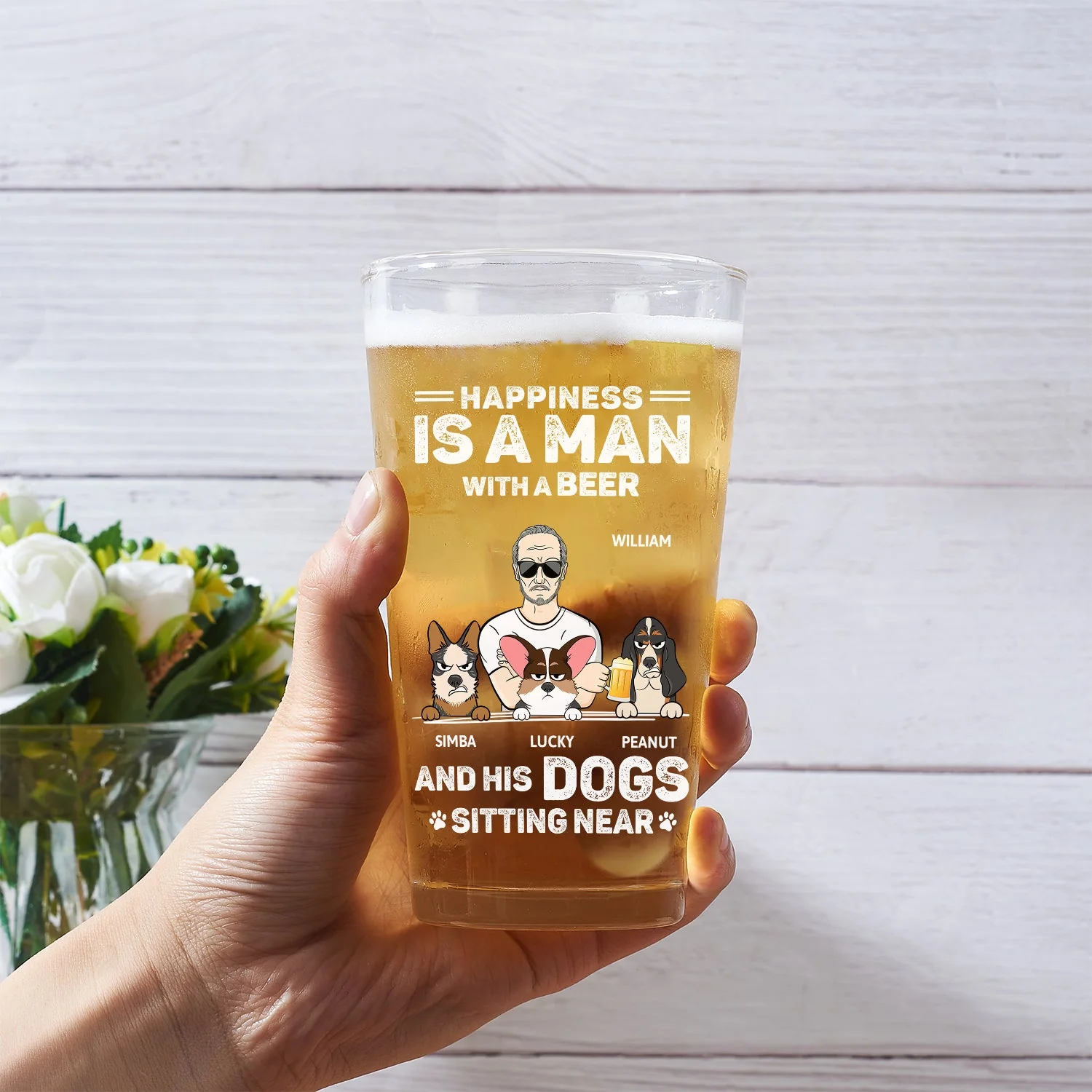 A Man With A Beer And His Dogs - Personalized Beer Glass - Image 3