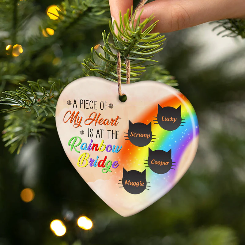 A Piece Of My Heart Is At The Rainbow Bridge - Cat Memorial Gift - Personalized Custom Heart Ceramic Ornament - Image 3