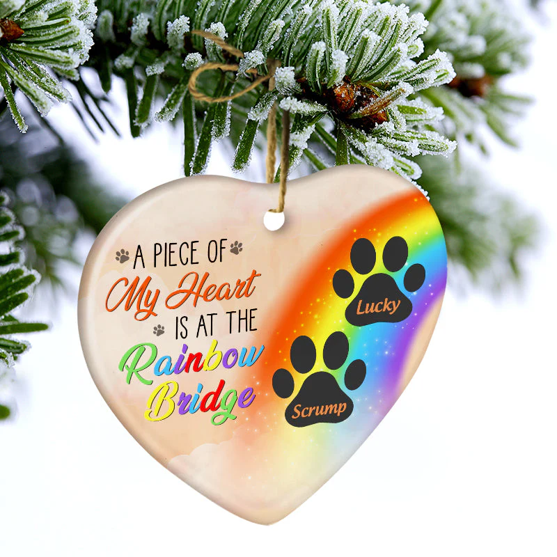 A Piece Of My Heart Is At The Rainbow Bridge - Dog Memorial Gift - Personalized Custom Heart Ceramic Ornament - Image 3