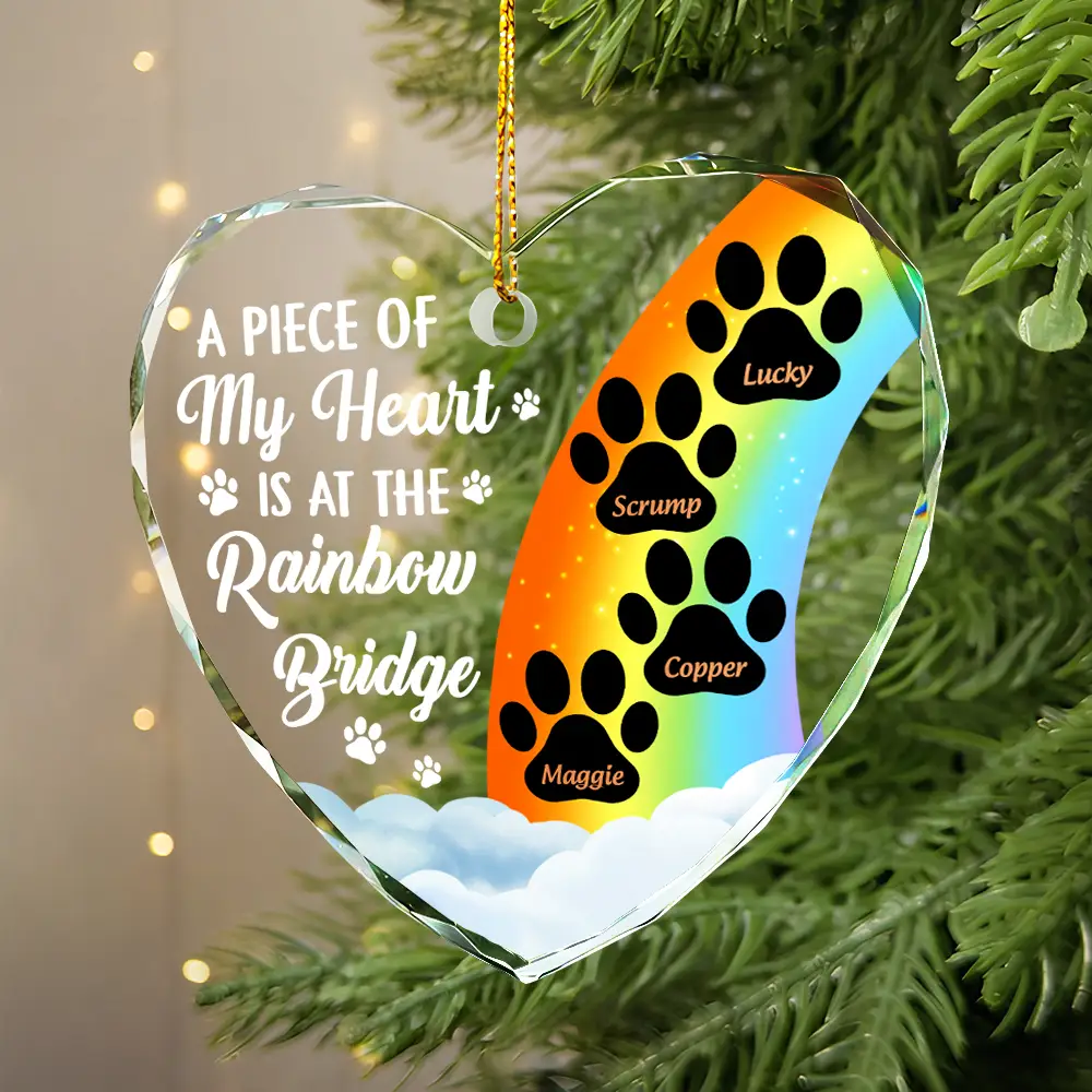 A Piece Of My Heart Is At The Rainbow Bridge Memorial Dog Cat - Personalized Heart Shaped Glass Ornament - Image 2