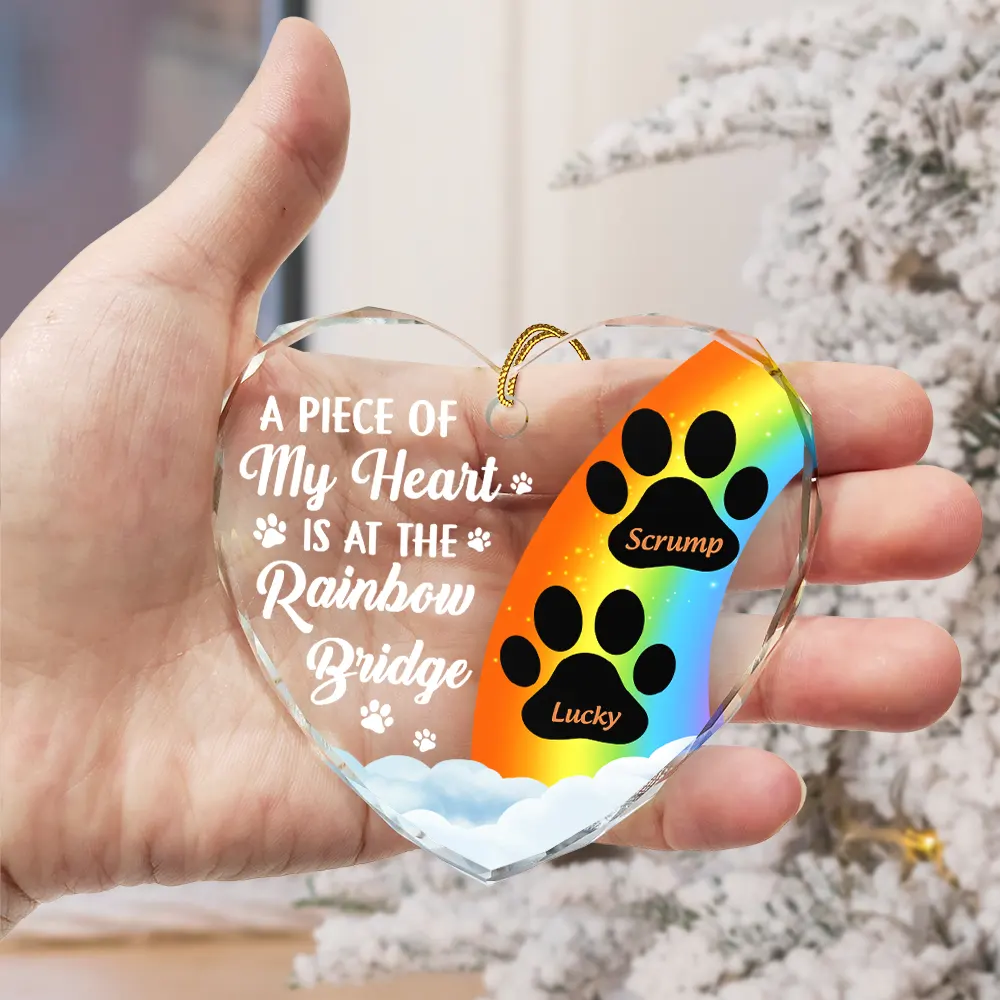A Piece Of My Heart Is At The Rainbow Bridge Memorial Dog Cat - Personalized Heart Shaped Glass Ornament - Image 3