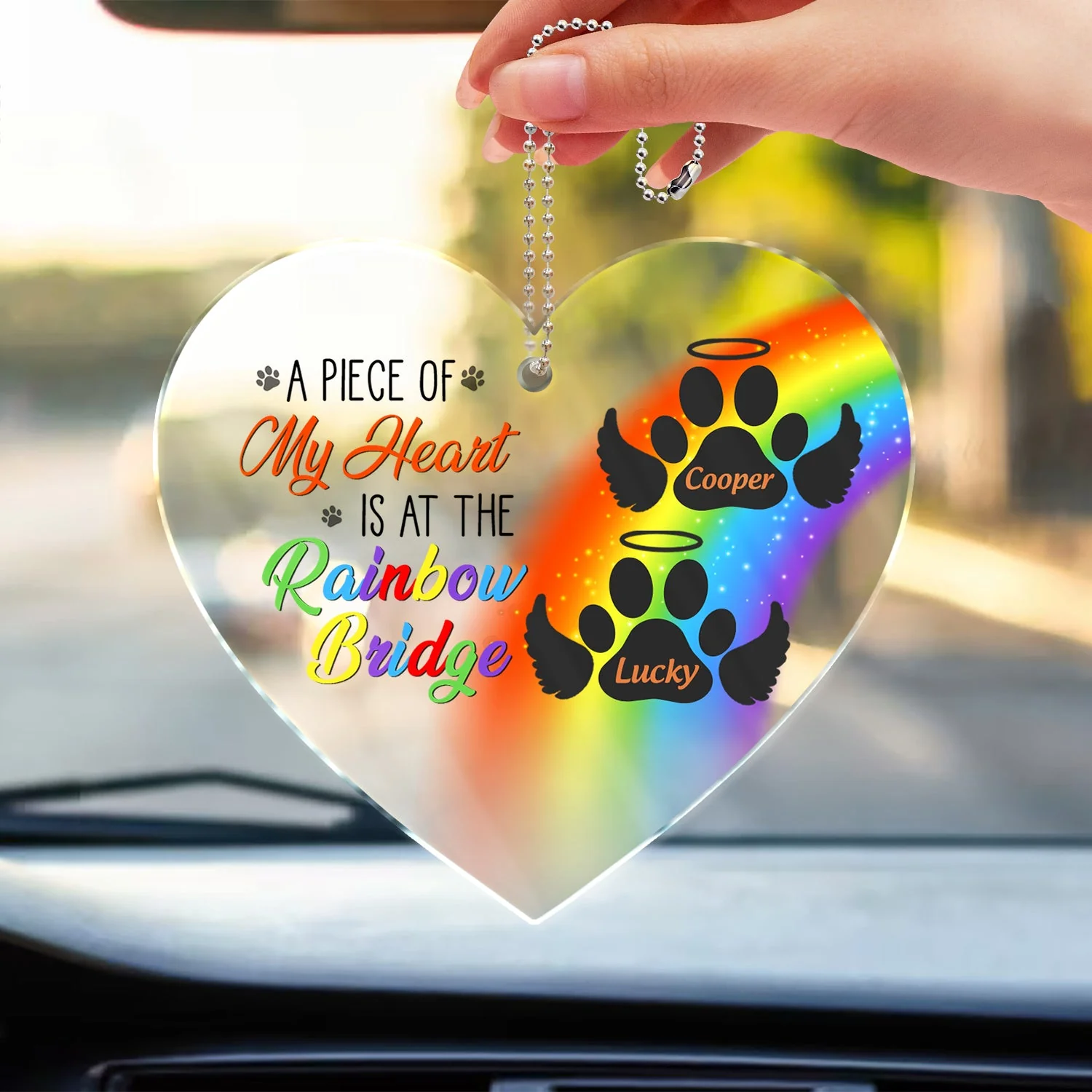 A Piece Of My Heart Is At The Rainbow Bridge - Pet Memorial Gift - Personalized Acrylic Car Hanger - Image 3