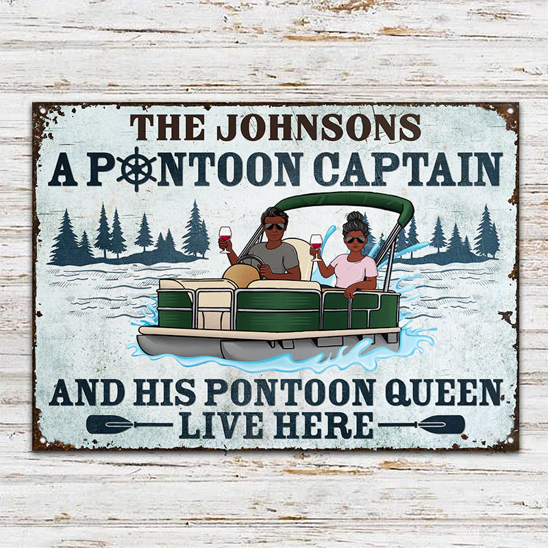 A Pontoon Captain And His Pontoon Queen Live Here - Couple Gift -  Personalized Custom Classic Metal Signs - Image 2