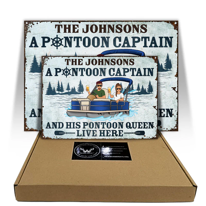 A Pontoon Captain And His Pontoon Queen Live Here - Couple Gift -  Personalized Custom Classic Metal Signs - Image 3