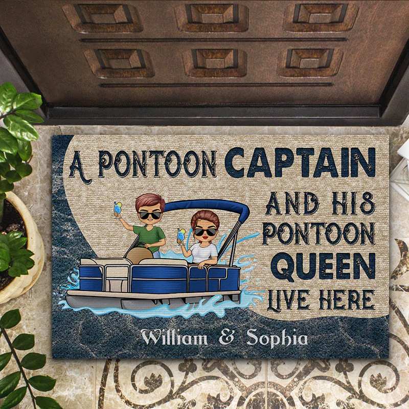 A Pontoon Captain And His Pontoon Queen Live Here - Couple Gift - Personalized Custom Doormat - Image 2