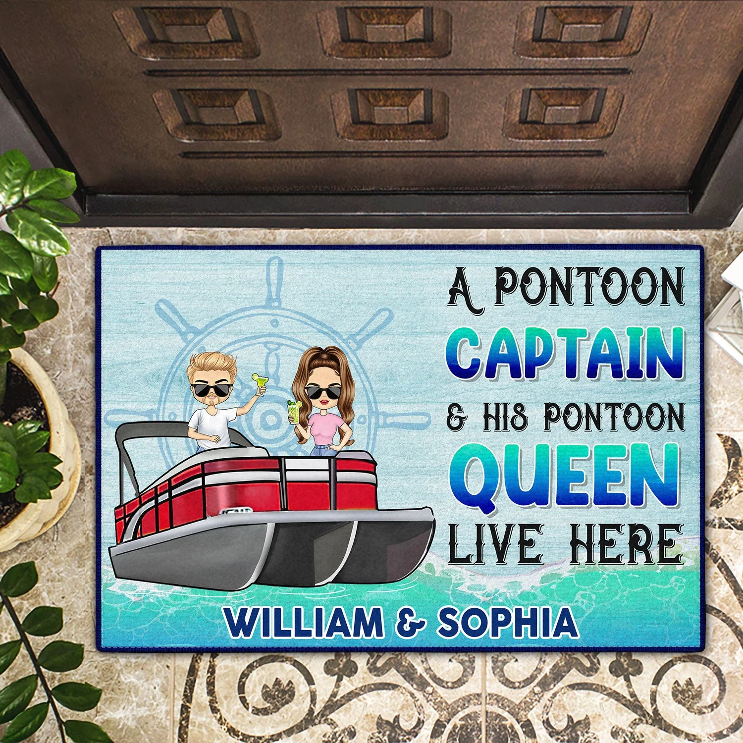 A Pontoon Captain And His Pontoon Queen Live Here - Decor Gift For Couples, Husband, Wife, Pontooning Lovers - Personalized Custom Doormat - Image 2