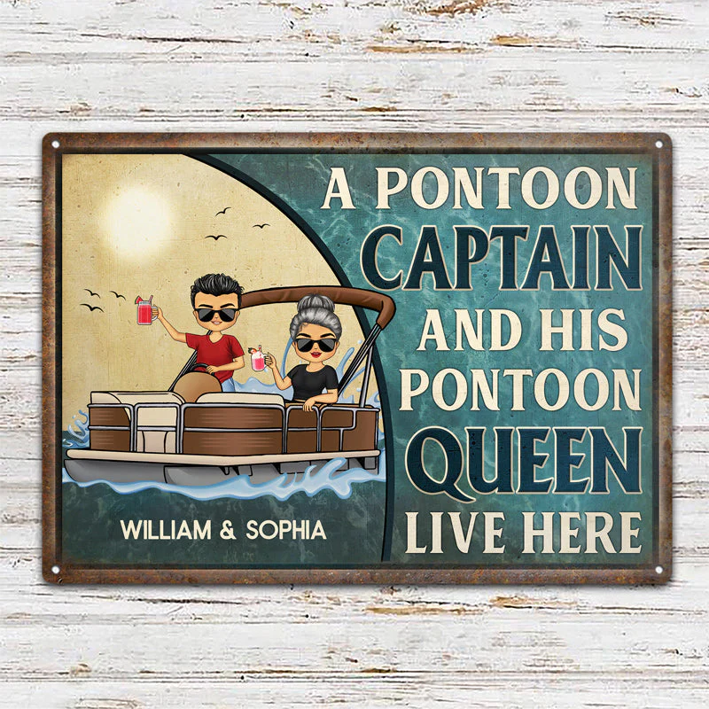 A Pontoon Captain And His Pontoon Queen Live Here Family - Couple Gift - Personalized Custom Classic Metal Signs - Image 2