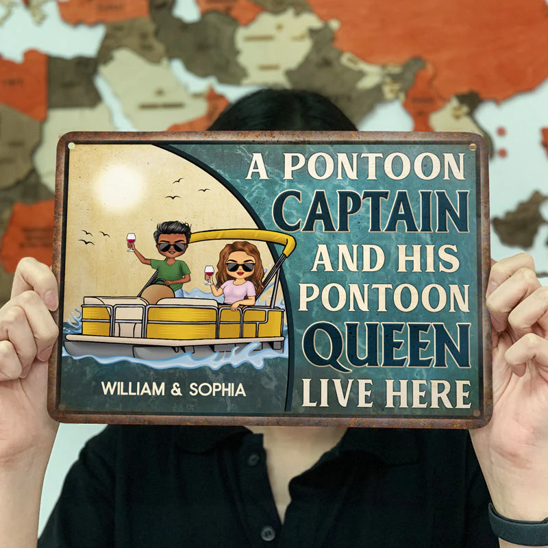 A Pontoon Captain And His Pontoon Queen Live Here Family - Couple Gift - Personalized Custom Classic Metal Signs - Image 3