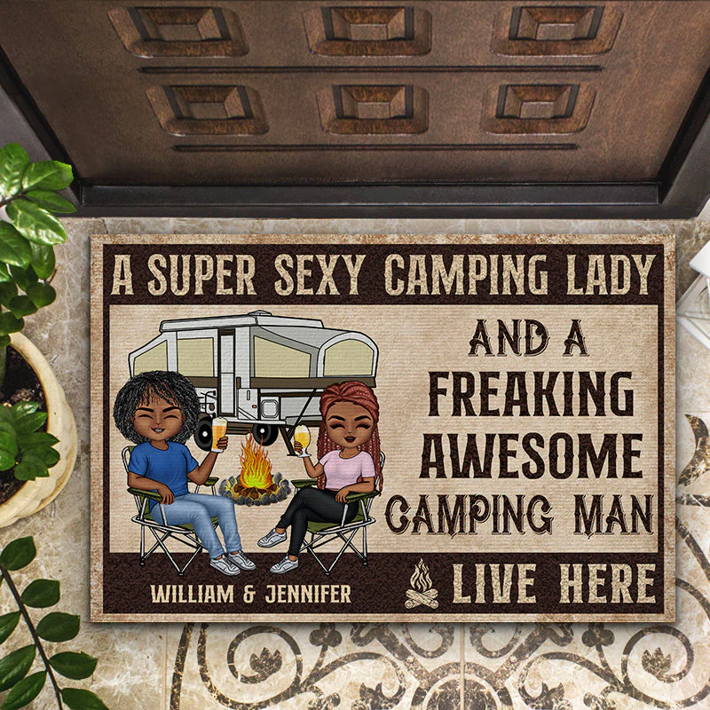 A Super Sexy Camping Lady And A Freaking Awesome Camping Man Live Here Husband Wife - Couple Gift - Personalized Custom Doormat - Image 2