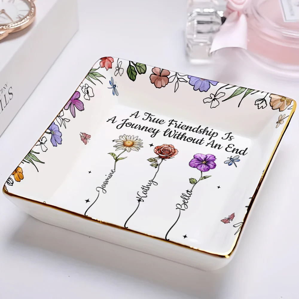 A True Friendship Is A Journey Without An End Birth Flower - Personalized Ring Dish - Image 2