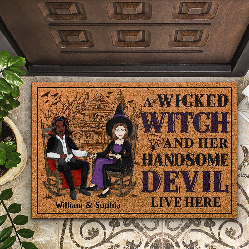 A Wicked Witch And Her Handsome Devil Live Here - Gift For Couples - Personalized Custom Doormat - Image 2
