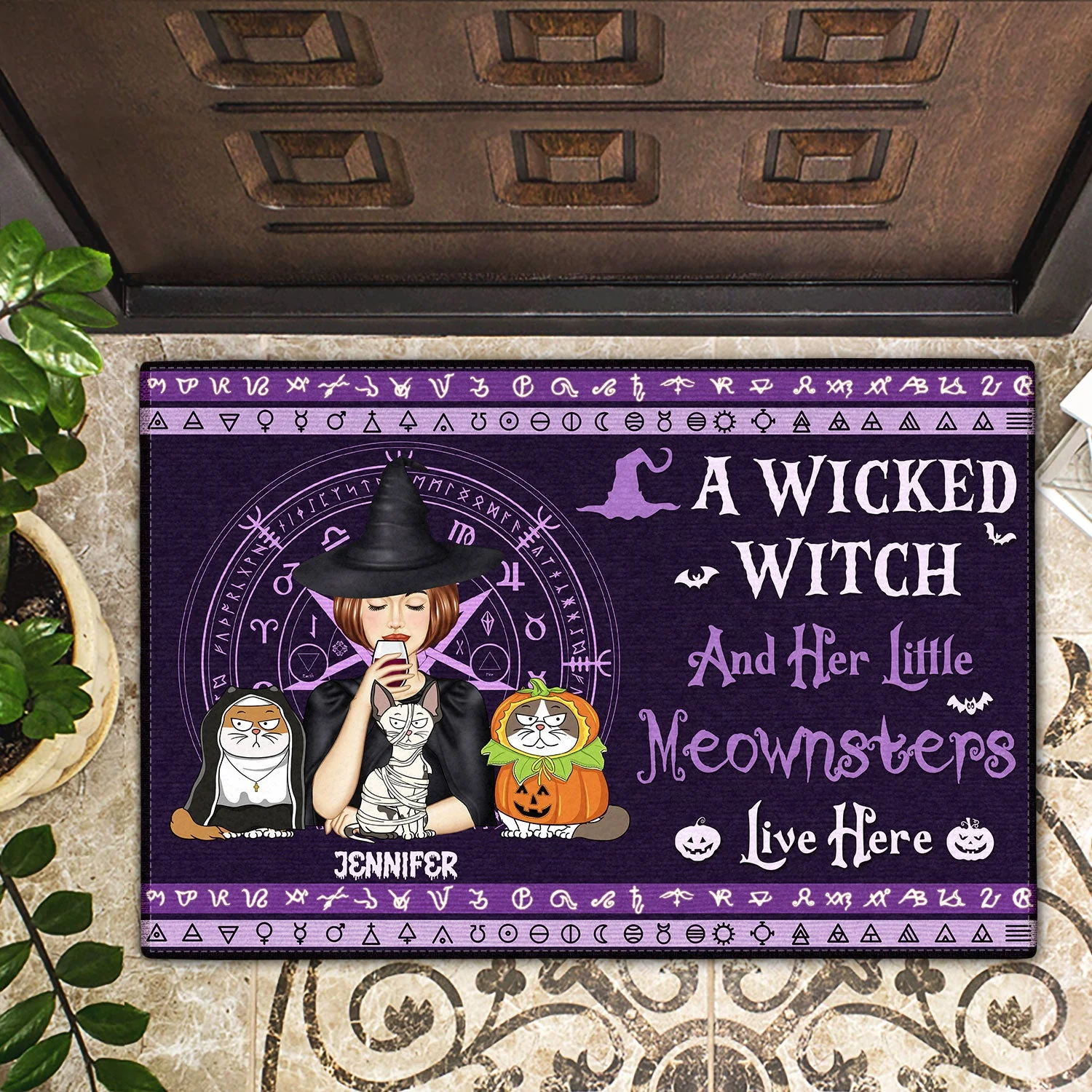 A Wicked Witch And Her Little Meownsters Live Here - Halloween Home Decor Gift For Cat Lovers, Women, Yourself - Personalized Doormat - Image 2