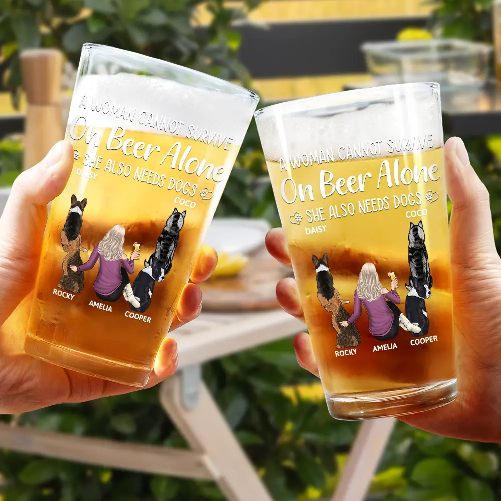 A Woman Cannot Survive On Beer Alone Dog Mom Dog Dad - Personalized Beer Glass - Image 4