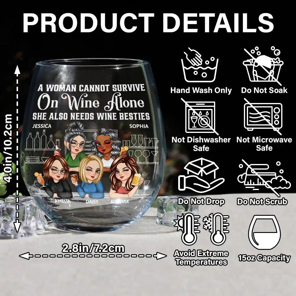 A Woman Cannot Survive On Wine Alone Besties - Personalized Stemless Wine Glass - Image 5
