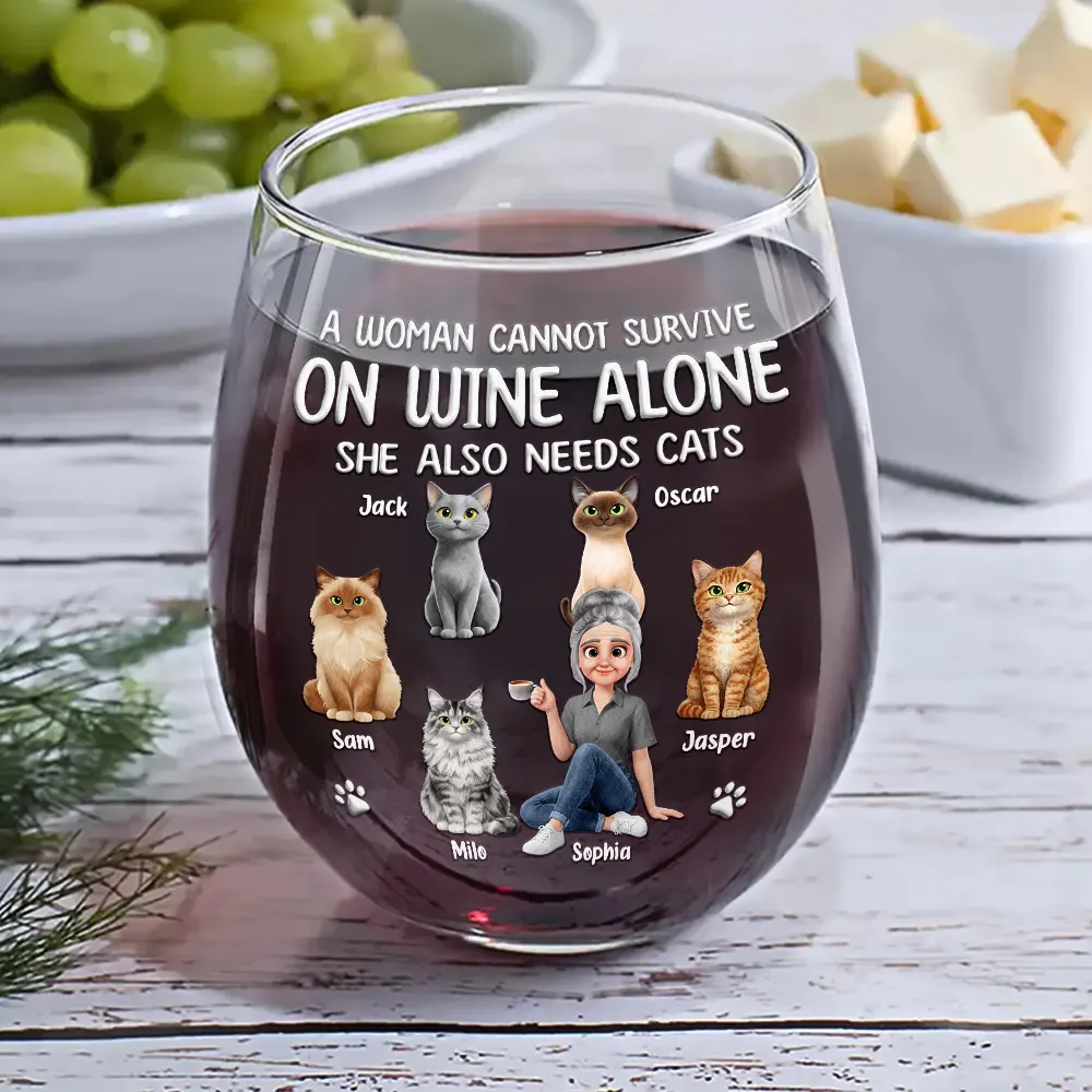 A Woman Cannot Survive On Wine Alone Cat Mom Animate - Personalized Stemless Wine Glass - Image 6