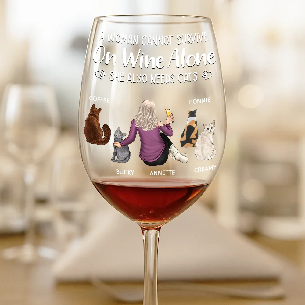 A Woman Cannot Survive On Wine Alone Cat Mom Cat Dad - Personalized Wine Glass - Image 2