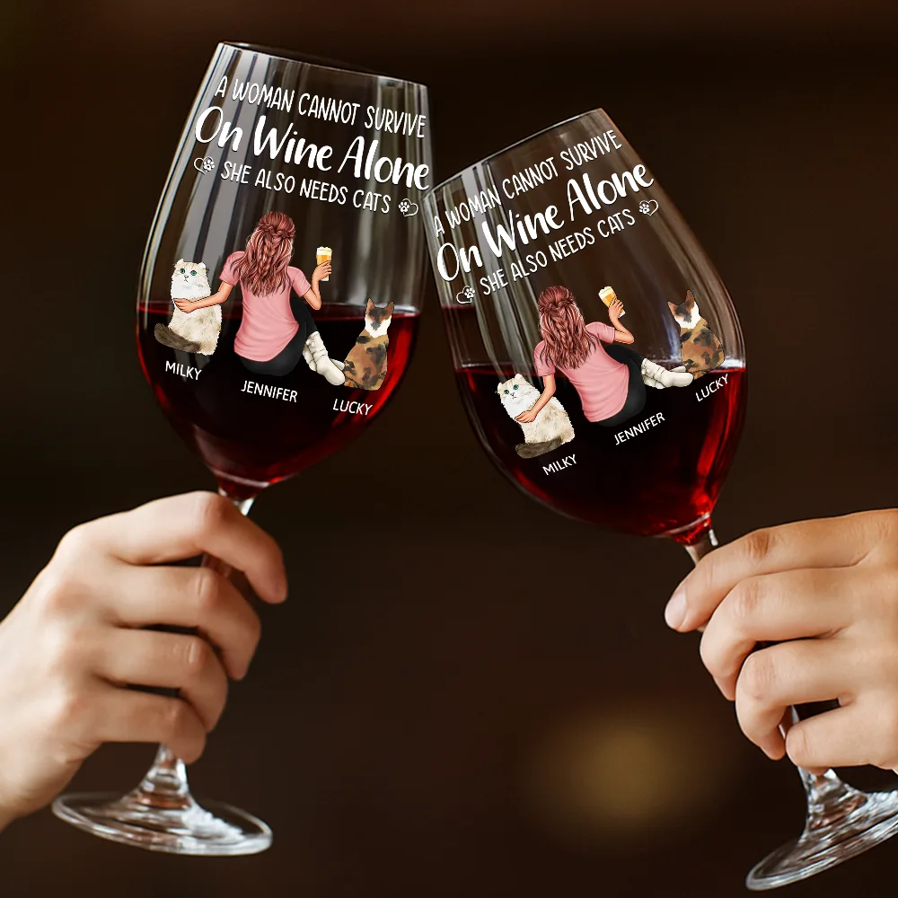 A Woman Cannot Survive On Wine Alone Cat Mom Cat Dad - Personalized Wine Glass - Image 4