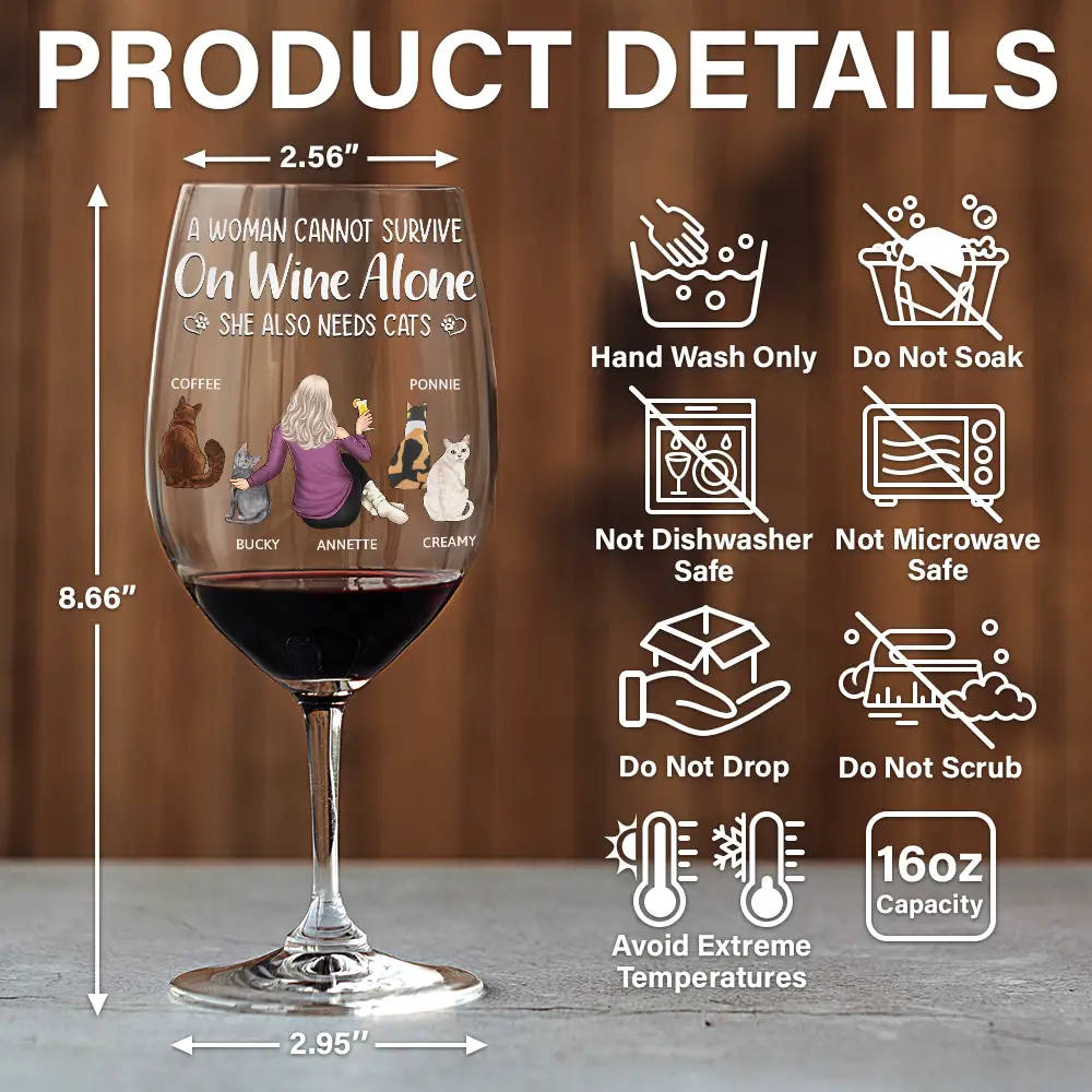 A Woman Cannot Survive On Wine Alone Cat Mom Cat Dad - Personalized Wine Glass - Image 5