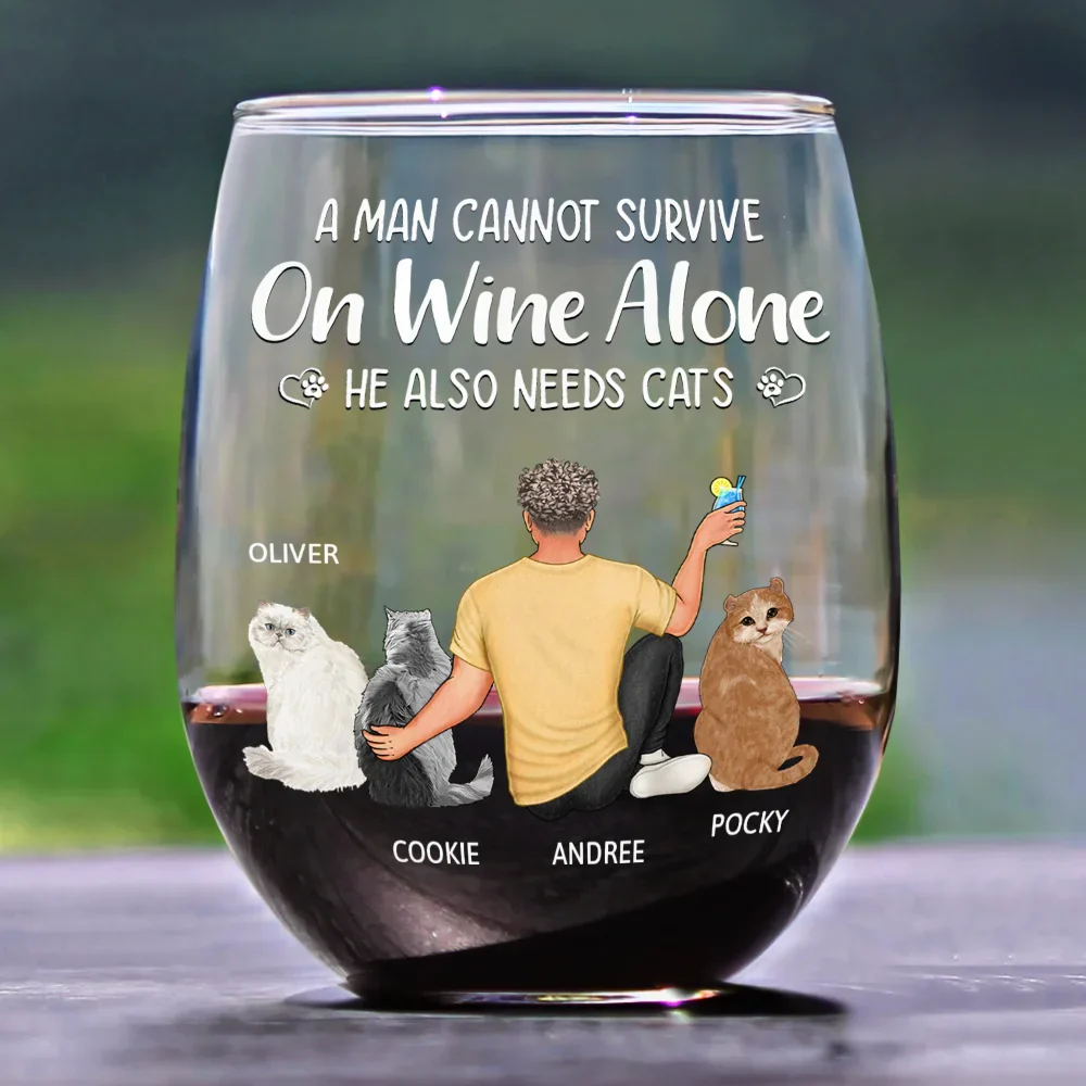 A Woman Cannot Survive On Wine Alone Cat Mom - Personalized Stemless Wine Glass - Image 2