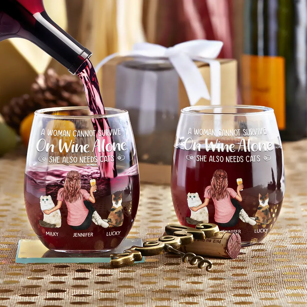 A Woman Cannot Survive On Wine Alone Cat Mom - Personalized Stemless Wine Glass - Image 3