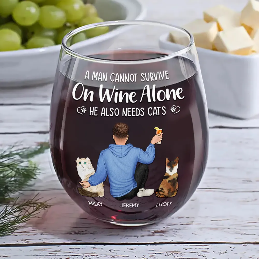 A Woman Cannot Survive On Wine Alone Cat Mom - Personalized Stemless Wine Glass - Image 6
