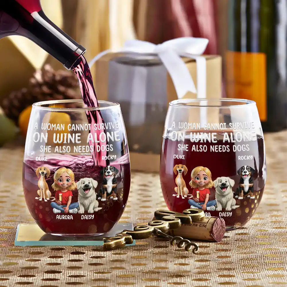 A Woman Cannot Survive On Wine Alone Dog Mom 3D Effect - Personalized Stemless Wine Glass - Image 3