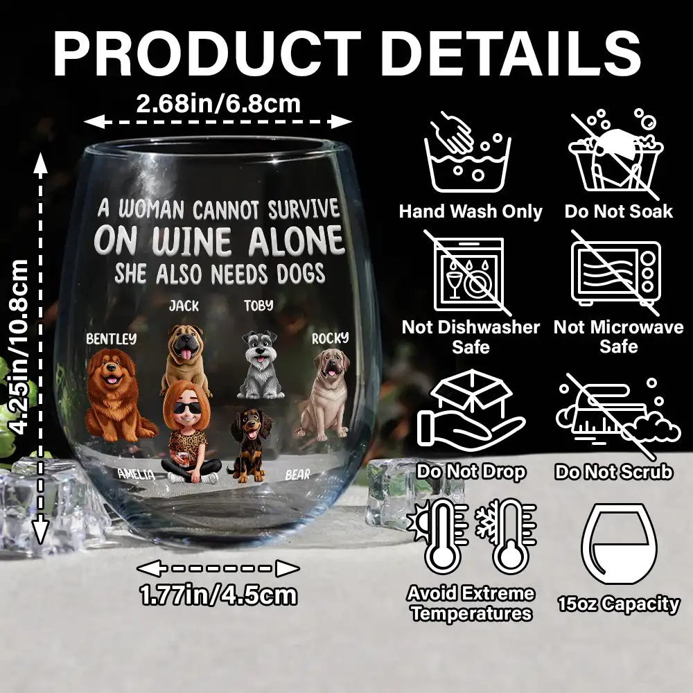 A Woman Cannot Survive On Wine Alone Dog Mom 3D Effect - Personalized Stemless Wine Glass - Image 5