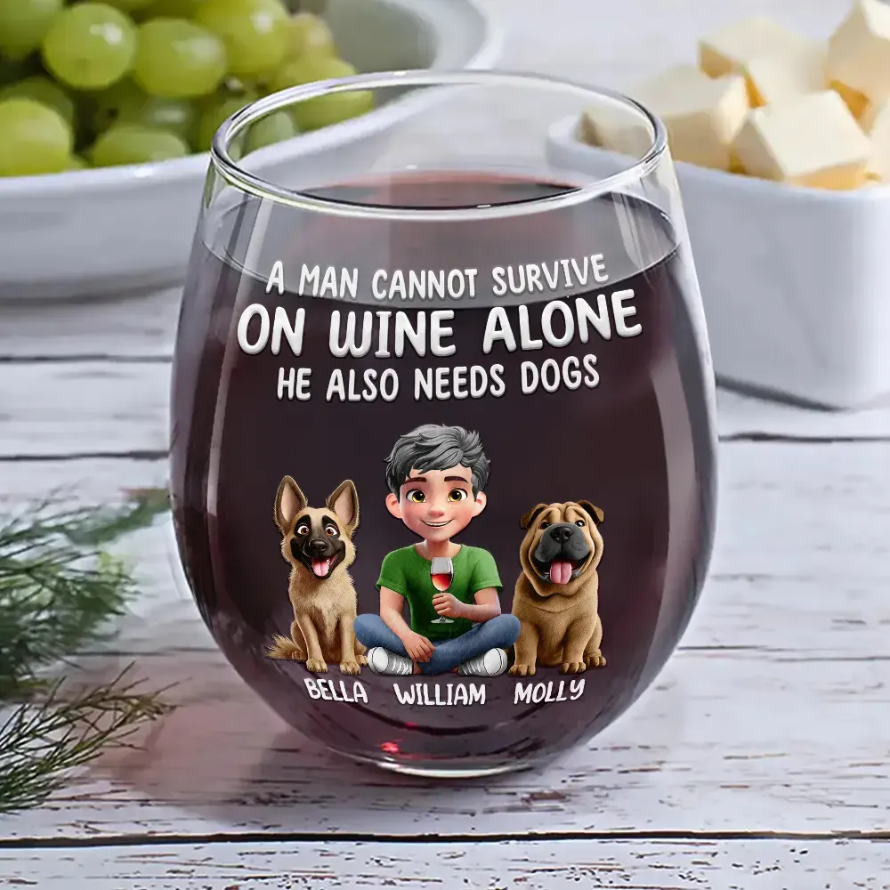 A Woman Cannot Survive On Wine Alone Dog Mom 3D Effect - Personalized Stemless Wine Glass - Image 6