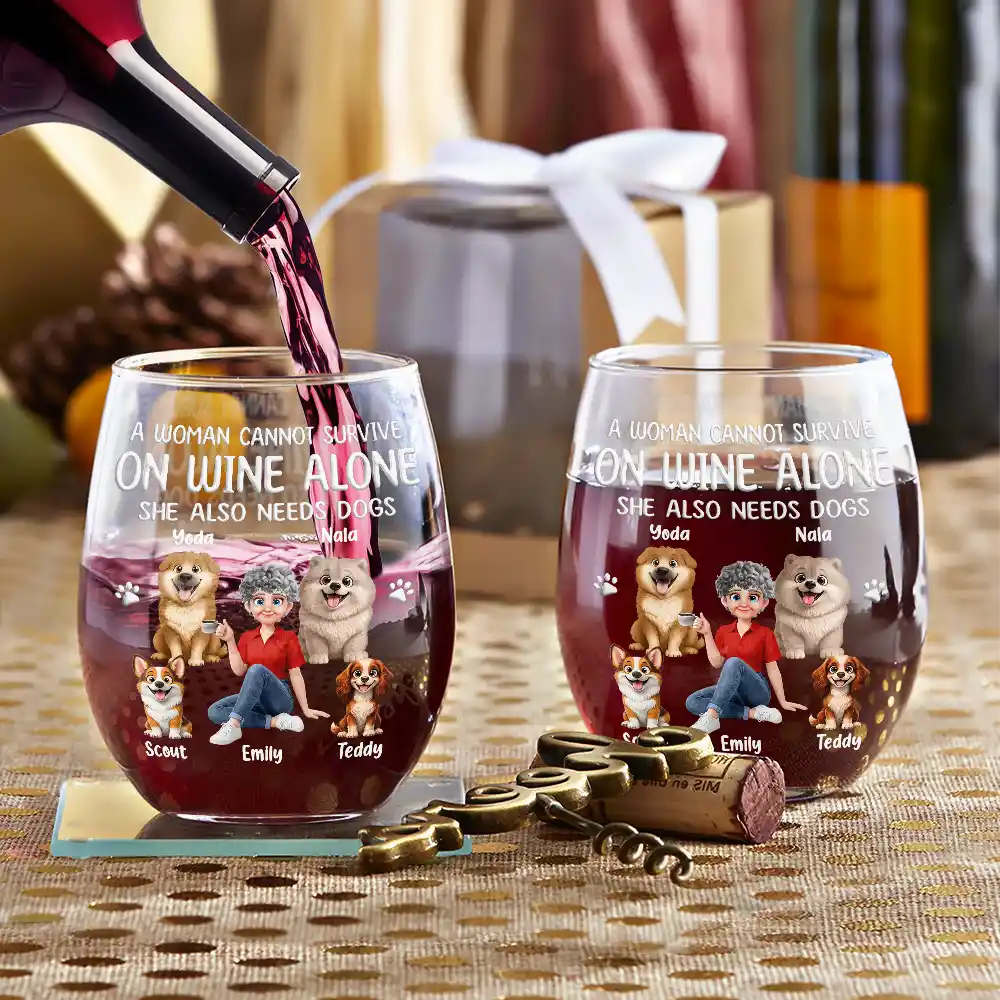 A Woman Cannot Survive On Wine Alone Dog Mom Animate - Personalized Stemless Wine Glass - Image 3