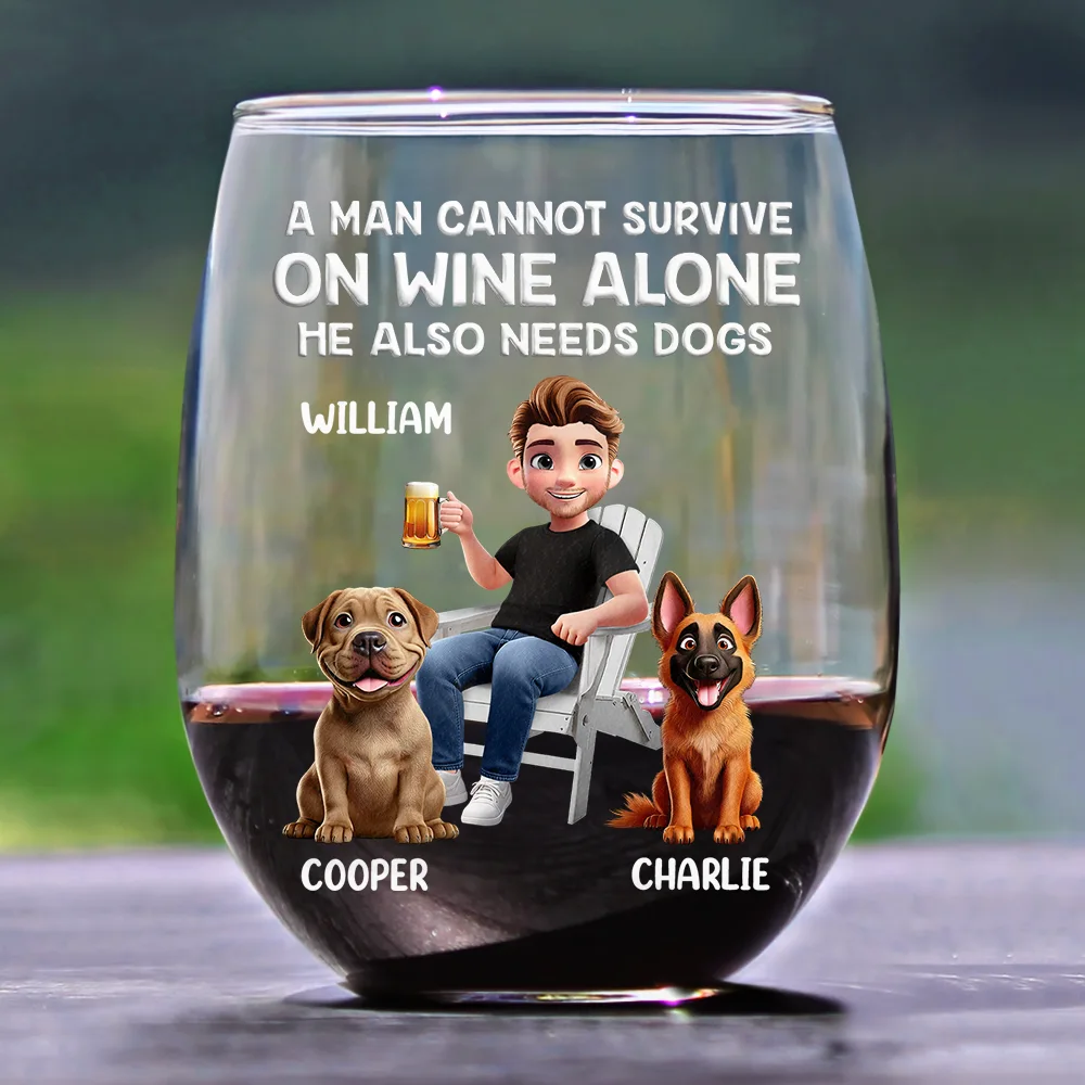 A Woman Cannot Survive On Wine Alone Dog Mom Cartoon - Personalized Stemless Wine Glass - Image 2