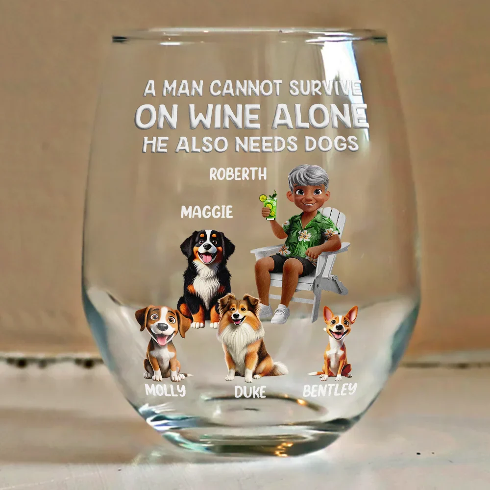 A Woman Cannot Survive On Wine Alone Dog Mom Cartoon - Personalized Stemless Wine Glass - Image 4