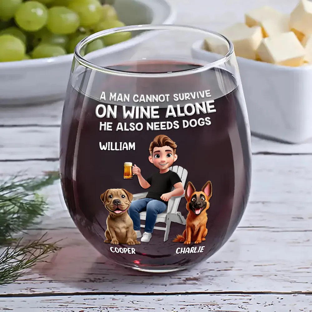 A Woman Cannot Survive On Wine Alone Dog Mom Cartoon - Personalized Stemless Wine Glass - Image 6