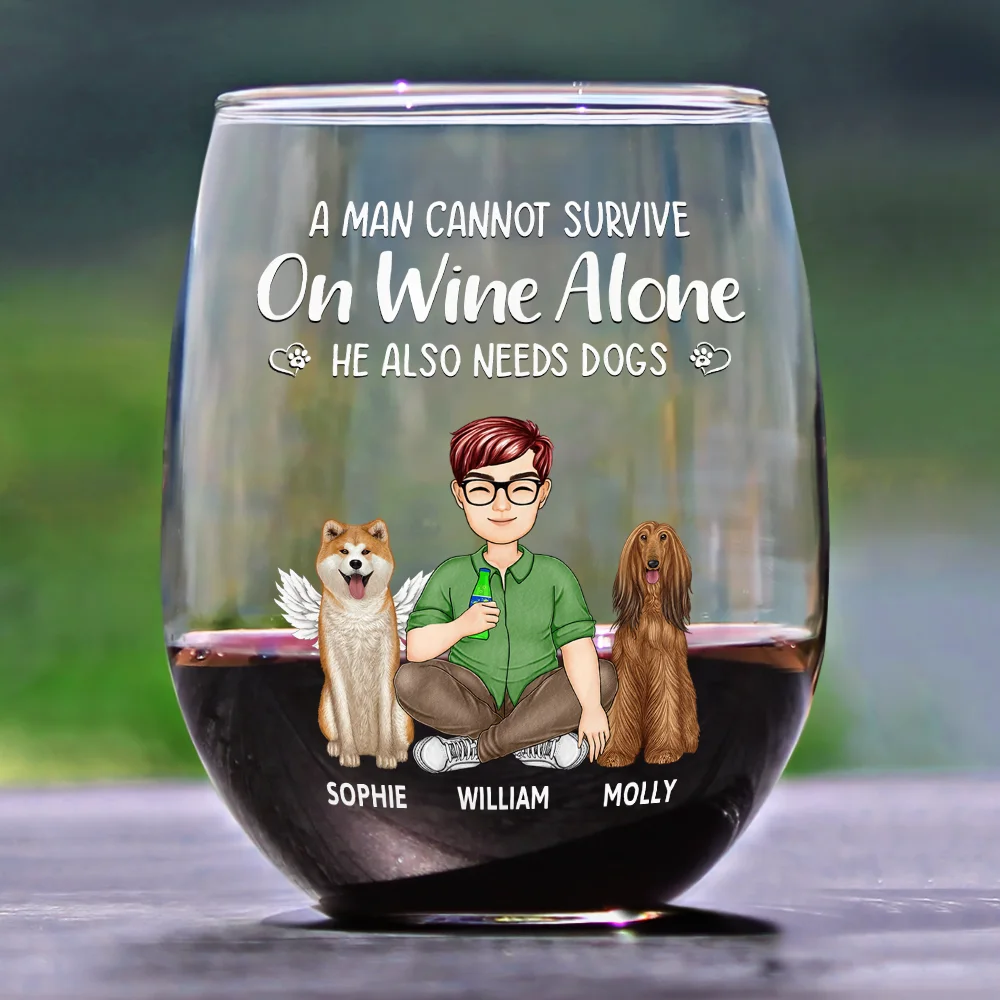 A Woman Cannot Survive On Wine Alone Dog Mom Dog Dad - Personalized Stemless Wine Glass - Image 2